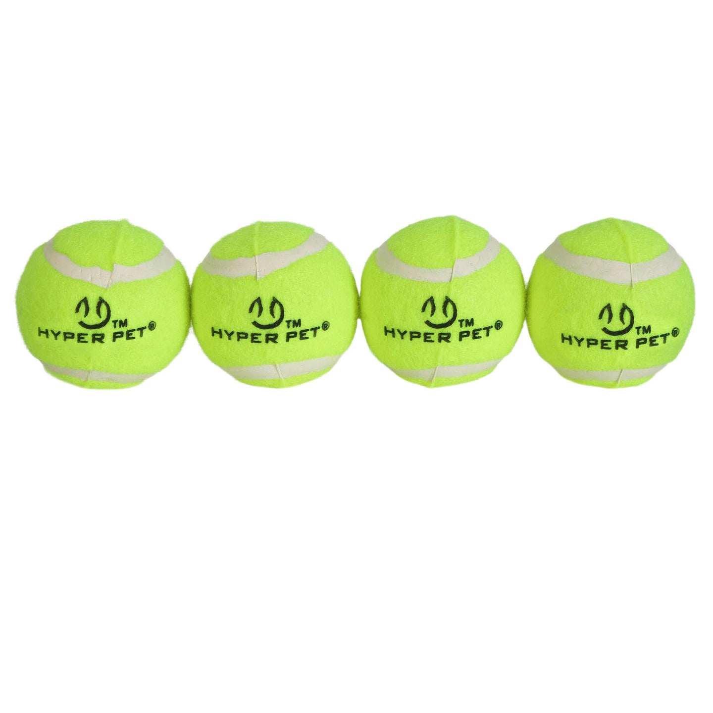 Four Hyperpet Tennis Balls from the 4 Pack, boasting a vibrant yellow-green hue, are perfectly aligned against a white background, ideal for fetch training.