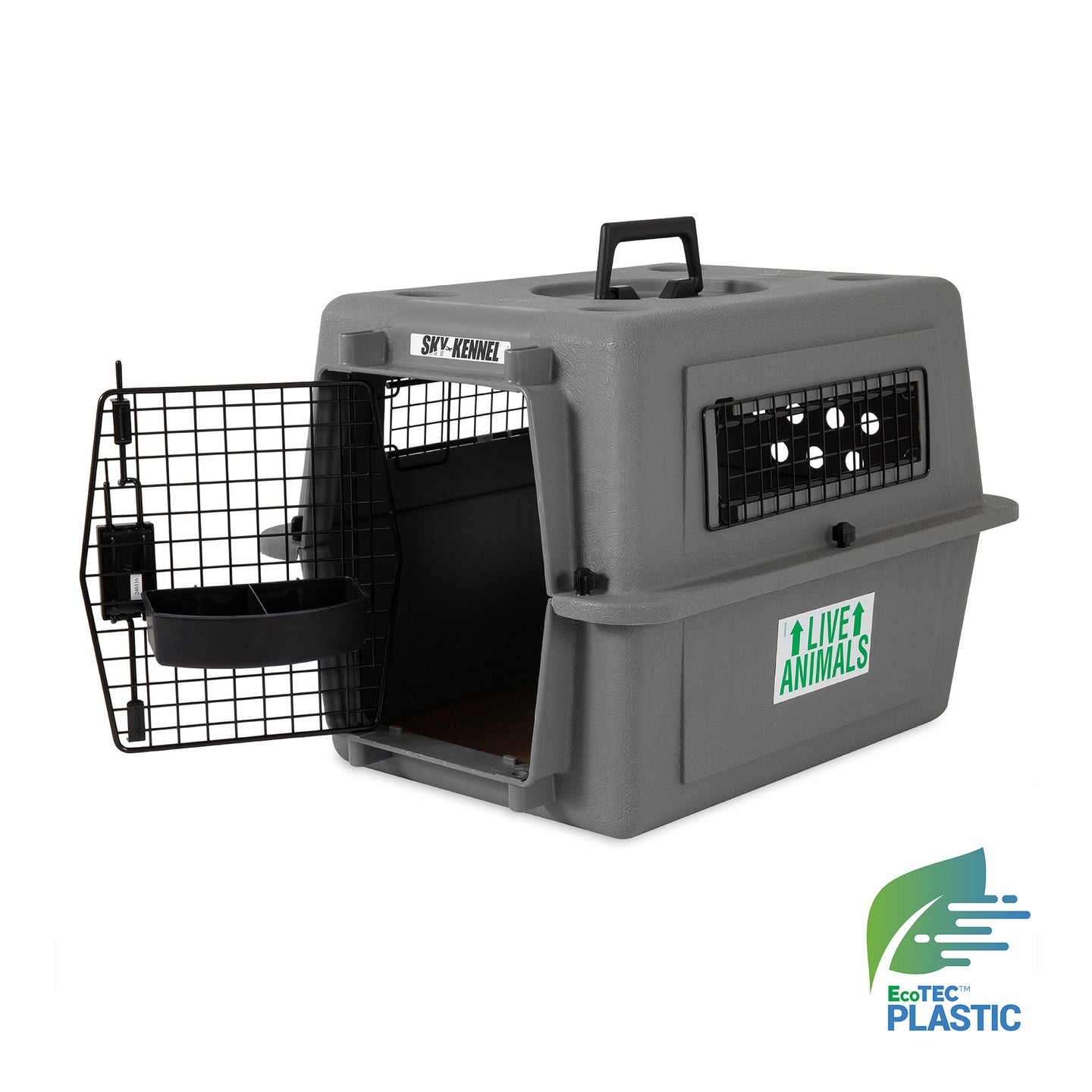 The gray Petmate Sky Kennel pet carrier has a wire door, side ventilation holes, a Live Animals label, and an EcoTEC Plastic logo. Designed for travel, it features a top handle and complies with airline cargo specs.