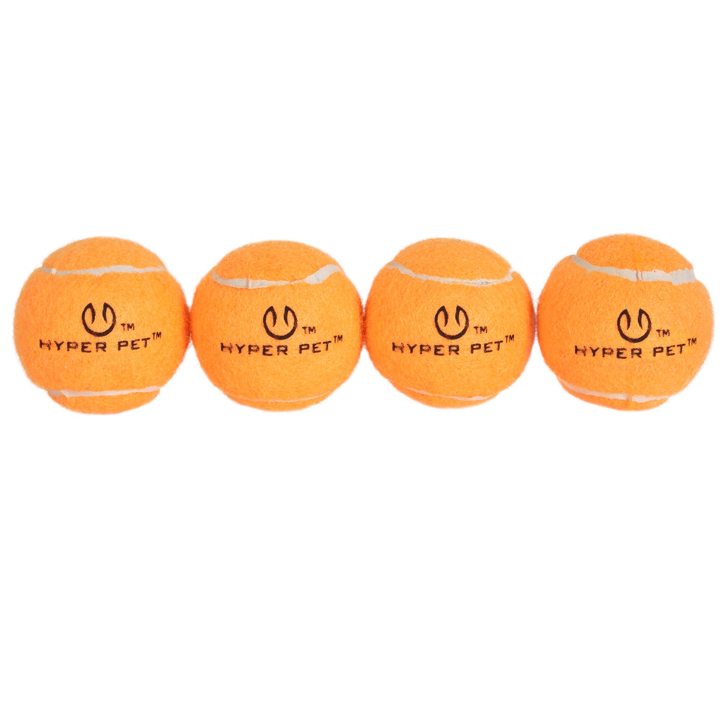 A row of four Hyperpet Mini Orange Tennis Balls from the 4-Pack set features non-toxic, small dog-friendly balls with white stripes and the Hyper Pet logo in black, all against a white background.