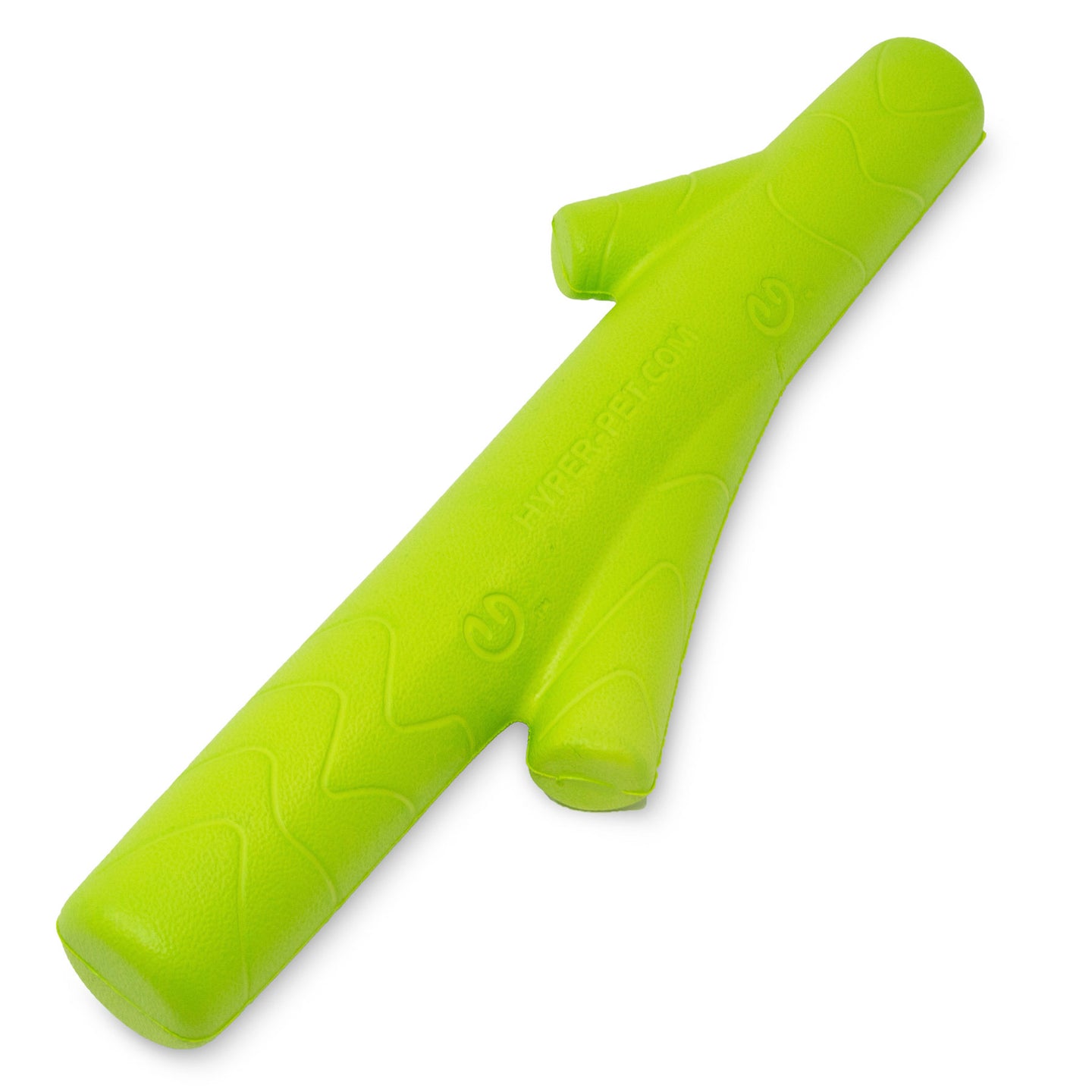 The Hyperpet Hyper Pet Hyper Chewz Stick Dog Toy is a durable EVA foam toy in lime green, branch-shaped with wavy textures and two short protrusions. Ideal for power chewers, it features HYPER-PET.COM and a small power symbol embossed on its surface.