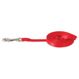The Petmate Nylon Standard Core Dog Lead, by Petmate, is a neatly coiled red nylon lead with durable hardware and a metal clip at one end.