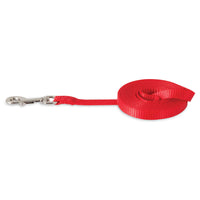 The Petmate Nylon Standard Core Dog Lead, by Petmate, is a neatly coiled red nylon lead with durable hardware and a metal clip at one end.