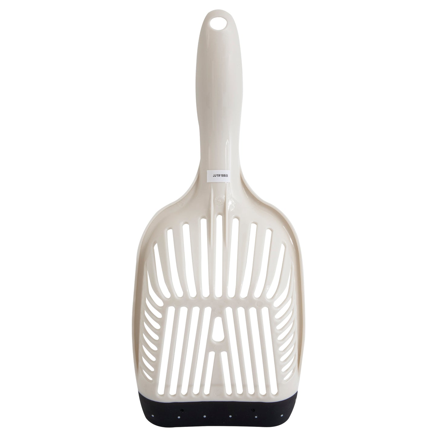 The Aspen Pet No Tear Cat Litter Scoop, by Aspen Pet, is designed with white plastic and a long handle featuring slots for easy cleaning. Its comfortable grip includes a black rubber edge that retains clumps while letting litter pass through effortlessly.