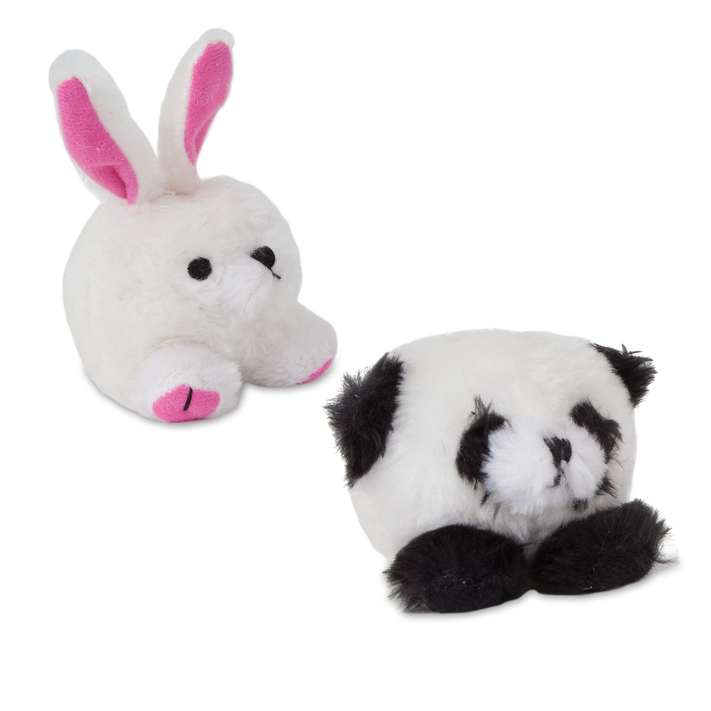 Two Zoobilee Small Dog & Puppy Mini Squatters are displayed: the left is a white rabbit with pink ears and feet, and the right is a panda with black ears, eyes, and paws. Designed for small dogs, these plush toys come with an engaging squeaker inside.