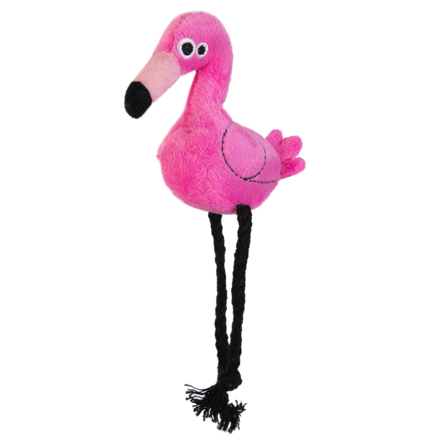 The Mad Cat Flingin Flamingo Catnip & Silvervine Cat Toy by Mad Cat features a plush pink flamingo design with large eyes and a black beak. It has long, thin black tassel legs, providing a whimsical style thats both a fun cat toy and decorative piece.
