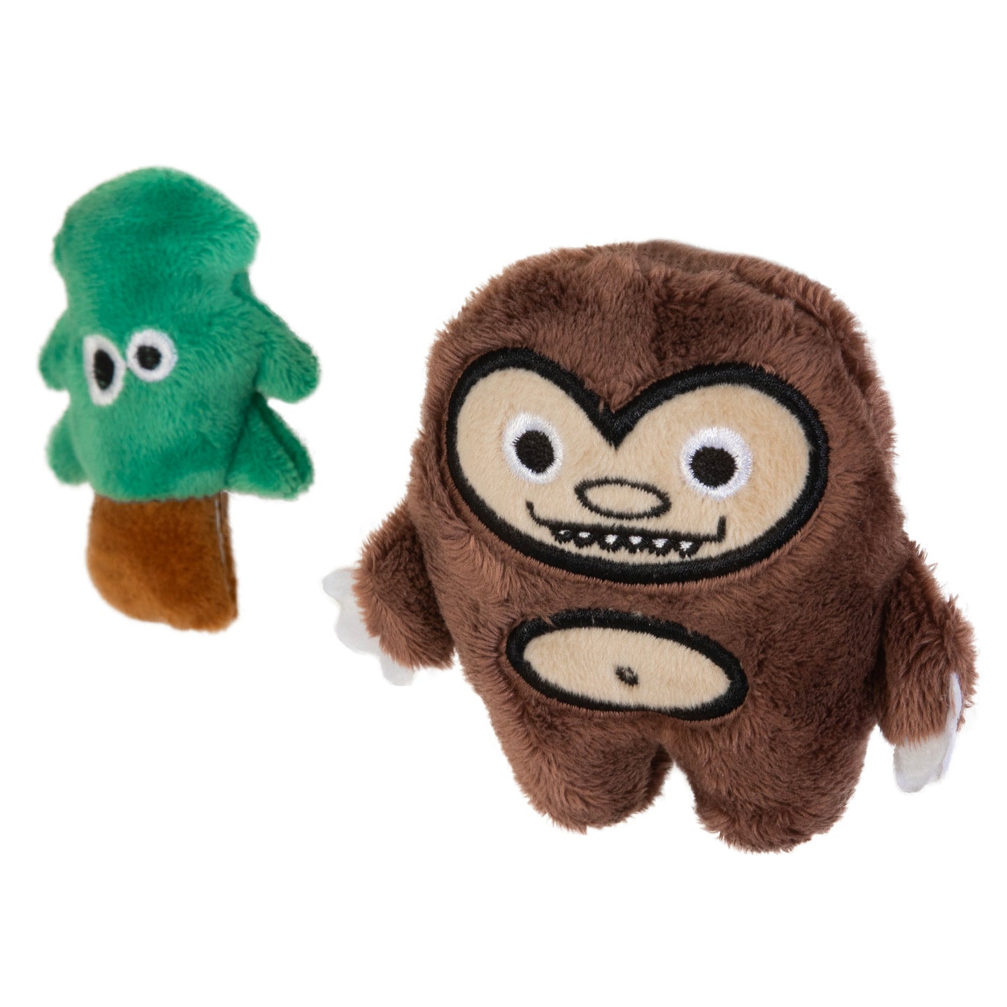 Two plush toys: a green and brown tree-shaped toy on the left, and the Mad Cat Sasquatch Catnip & Silvervine Cat Toy, featuring a brown creature with large eyes and a wide grin, on the right. Both offer soft, fuzzy textures thatll delight any feline against a crisp white background.