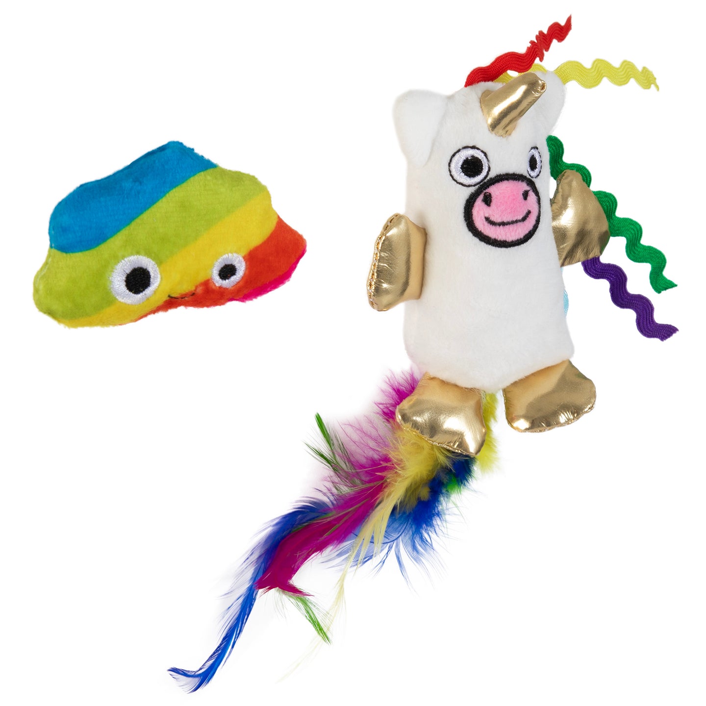 The Mad Cat Mewnicorn With Catnip & Silvervine cat toy features a stuffed white unicorn with a pink nose, golden horn, and ribbon-adorned hooves next to a plush rainbow cloud with googly eyes. Its the perfect whimsical touch for your feline friend.