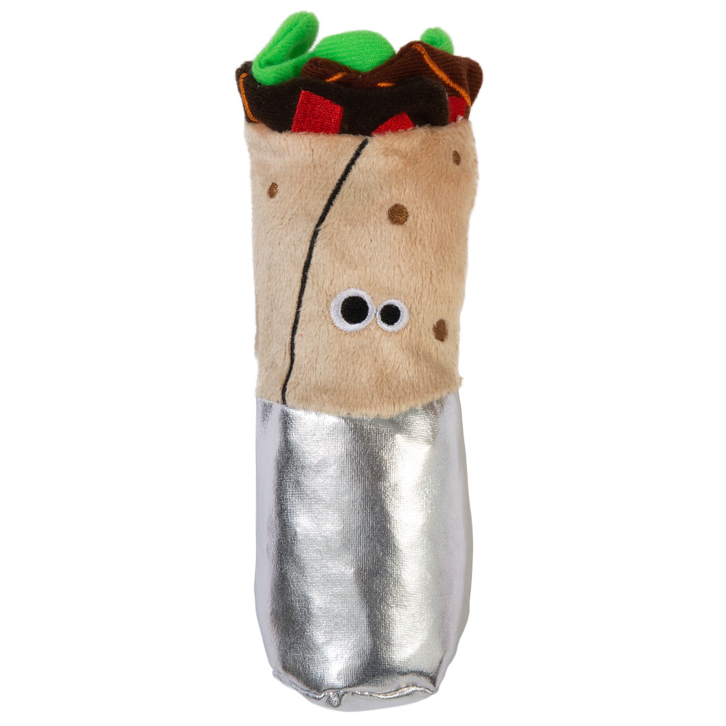 The Mad Cat Burrito Kicker Catnip & Silvervine Cat Toy is a plush burrito-shaped toy with a silver foil-like bottom, cartoonish eyes, and fabric layers in brown, green, and red. Its infused with catnip for feline fun!.