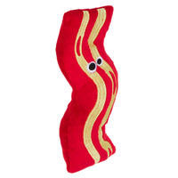 The Mad Cat Bacon Kicker With Catnip & Silvervine Cat Toy is a whimsical, wavy-edged bacon-shaped plush with red and beige stripes and big embroidered eyes, perfect for entertaining your feline friend.