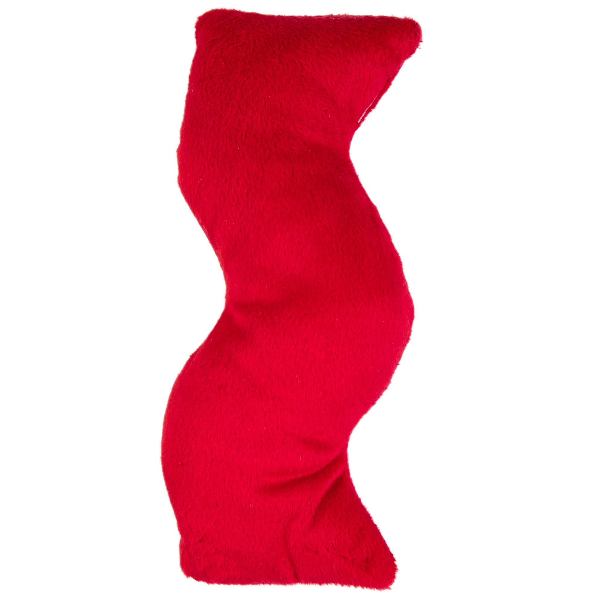 The Mad Cat Bacon Kicker is a red, plush, S-shaped toy with a soft texture and subtle silvervine hints, designed to entice cats.
