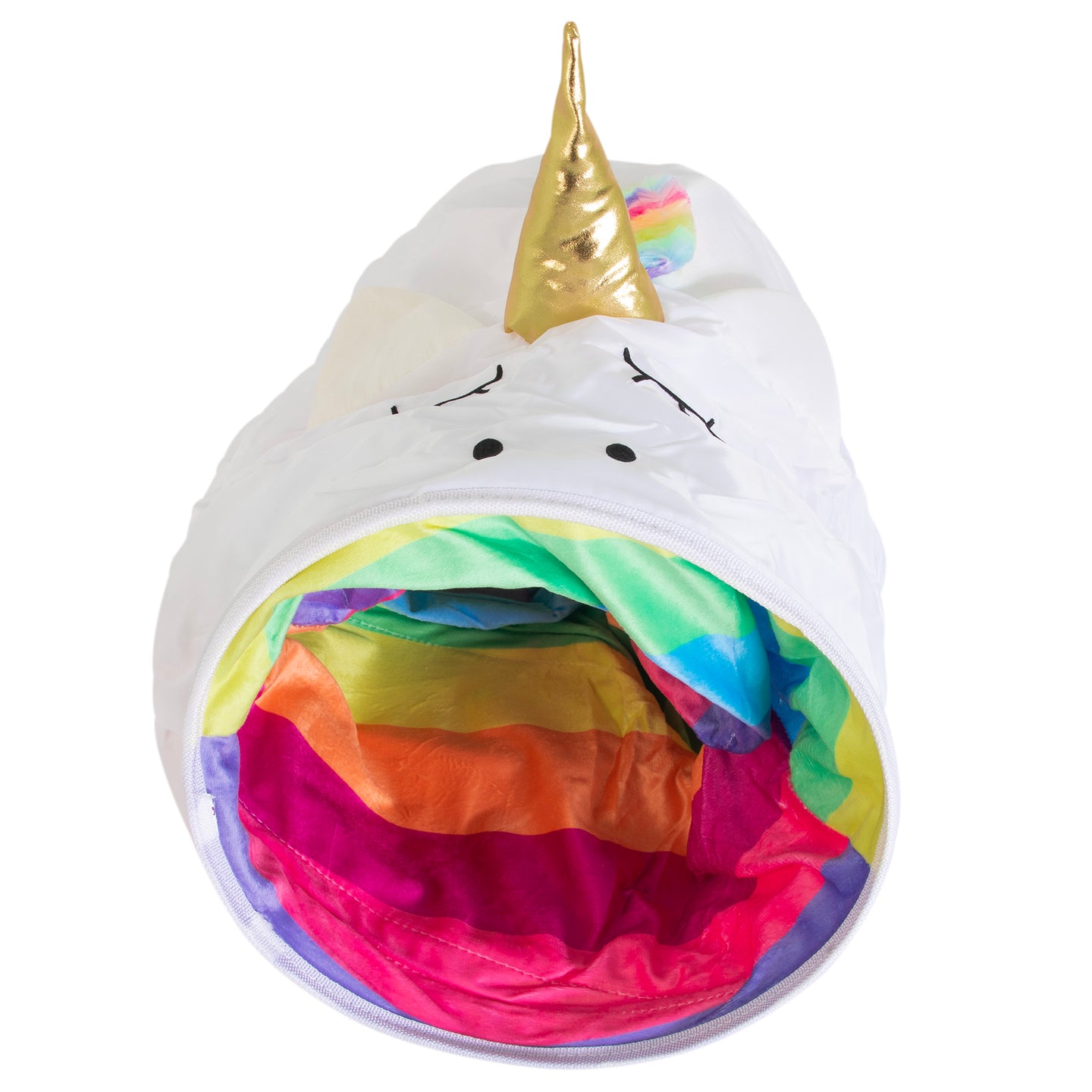 The Mad Cat Mewnicorn Unicorn 38 Play Tunnel offers a vibrant, rainbow-adorned entrance and a golden horn design for endless feline entertainment. This interactive pet toy is crafted from non-toxic materials ensuring safe play.