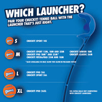 Promotional image of Chuckit! ball launchers in Small (Sport 14S), Medium (Sport 18M, Fetch & Fold 25M), Large (Pro 26L), and Extra Large (Pro 26XL) sizes, made from durable material for high-bouncing play, compatible with Chuckit Tennis Balls. Note: XL Ultra Balls arent compatible.