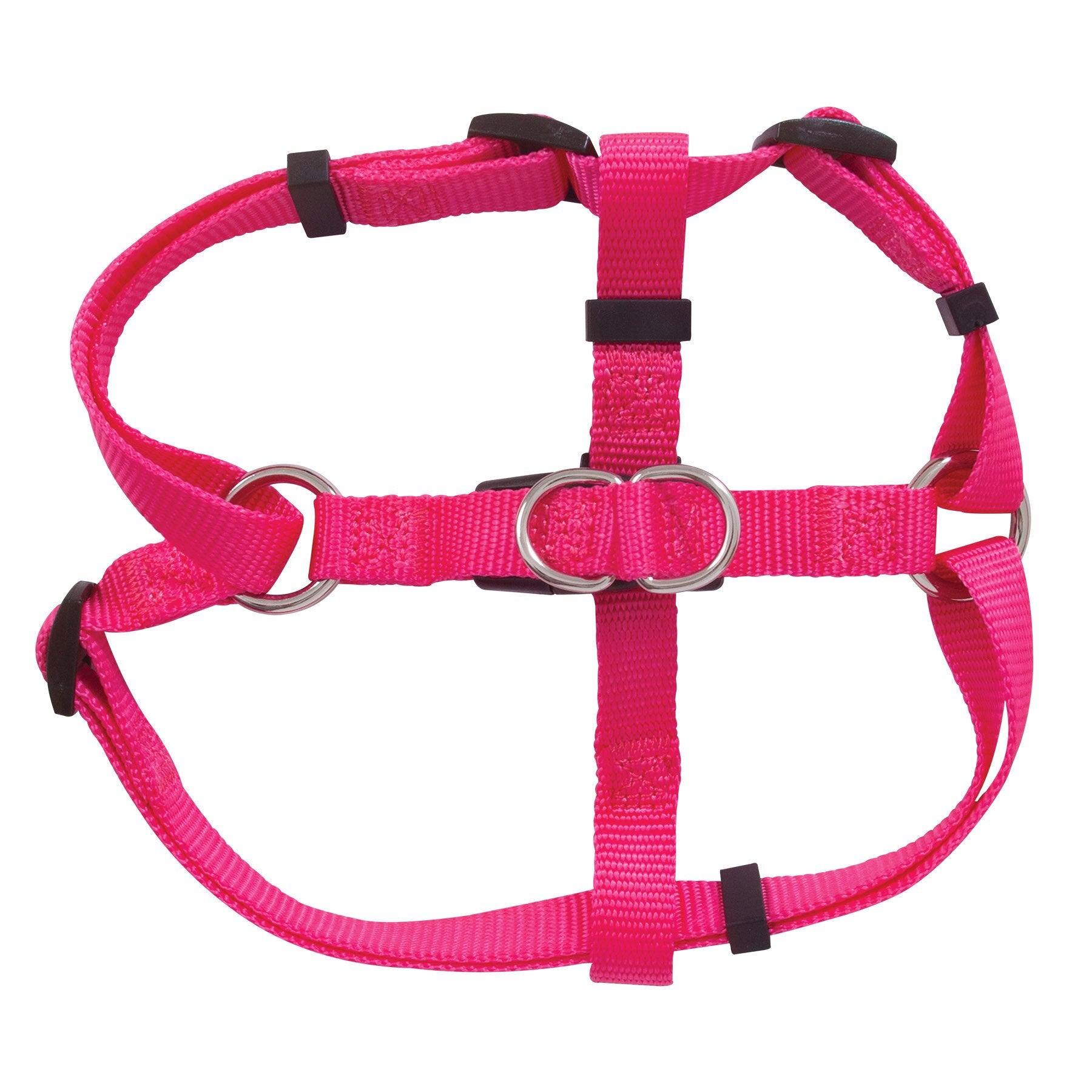 The Petmate Adjustable Standard Step-In Core Harness by Petmate is a bright pink dog harness featuring adjustable straps, metal rings for secure leading, and black plastic buckles for quick and reliable fastening.