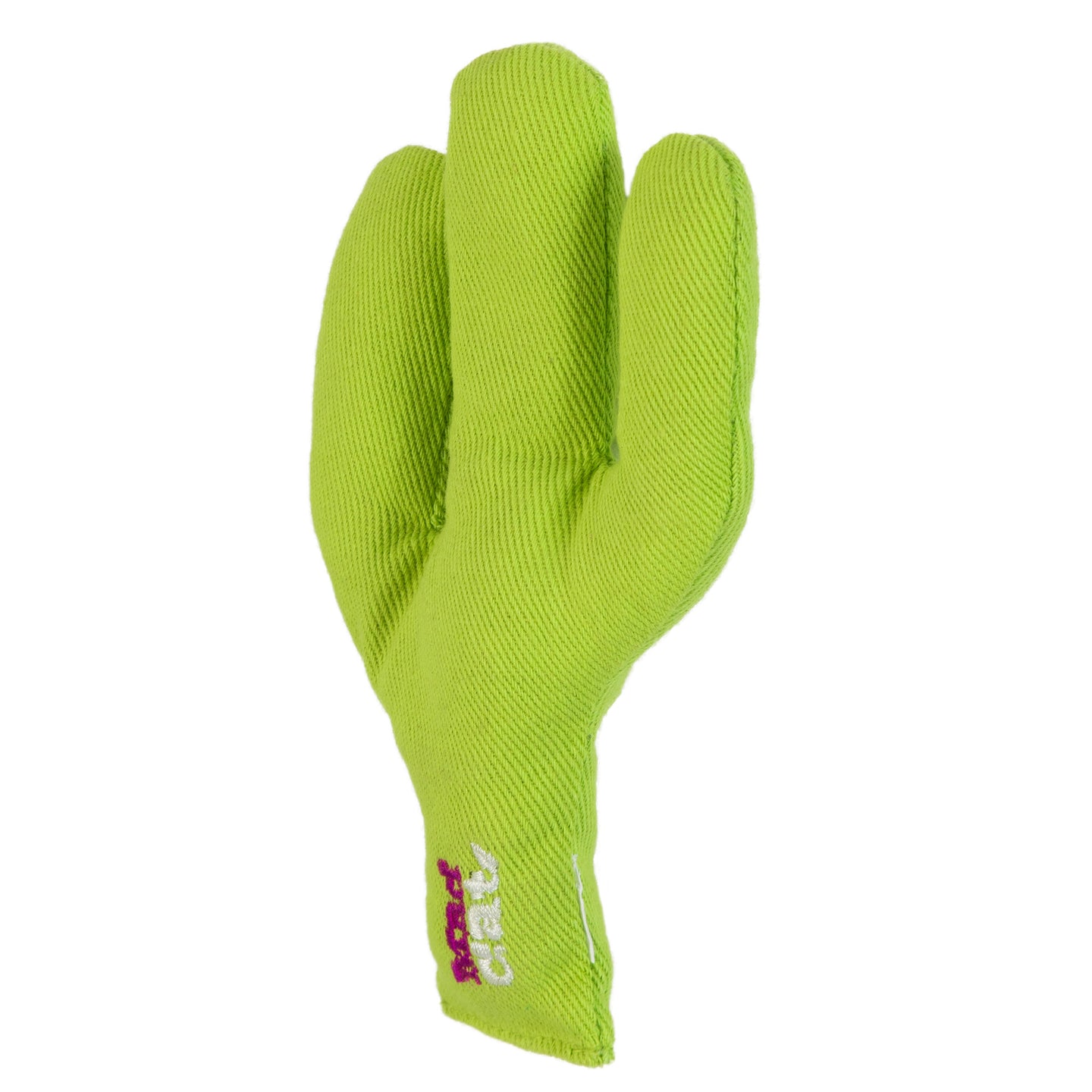 The Mad Cat Dizzy Desert Catnip Cat Toy is a green, three-finger cactus-shaped glove with a purple and white logo near the wrist. Its ribbed texture makes it both a fun and novel accessory and a cat toy, infused with North-American-grown catnip for mental stimulation.
