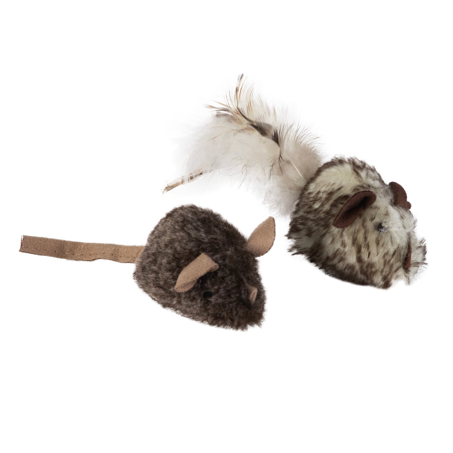 Mad Cats Double Trouble Mice feature a brown toy with fabric tail and ears, and a speckled gray one with feather trim. Infused with catnip to delight your feline, these toys come equipped with real mouse sounds for captivating play.