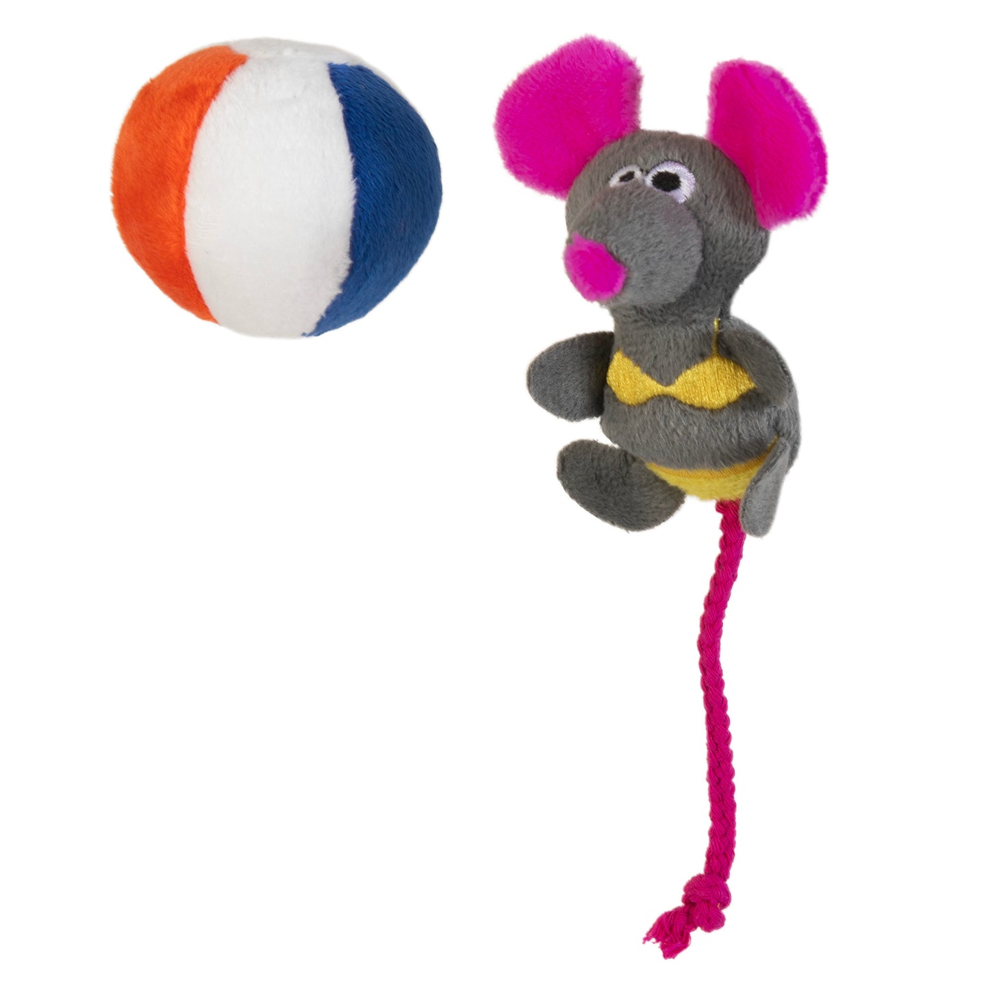 The Mad Cat Beach Babe Mouse is a plush cat toy with a gray body, pink ears, and nose, featuring a red string. It comes with a colorful plush ball in red, blue, and white—ideal for cats or paired with silvervine as an alternative to catnip.