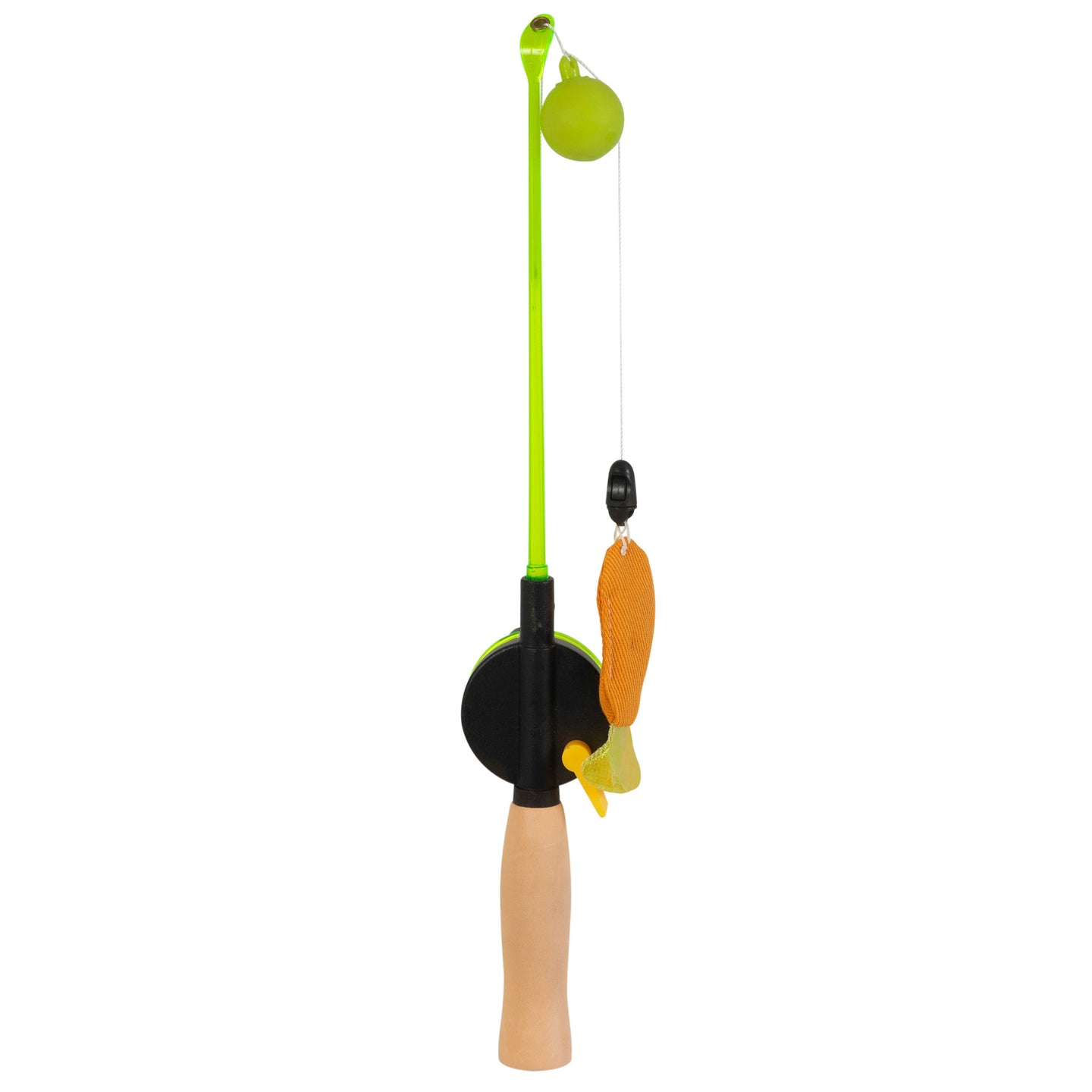 The Mad Cat Go Fish Light Up Wand Cat Toy by Mad Cat is a toy fishing set with a bright green rod, beige handle, and black reel. It features a string with a yellow toy fish and a catnip-infused green ball to offer mental stimulation designed for play.