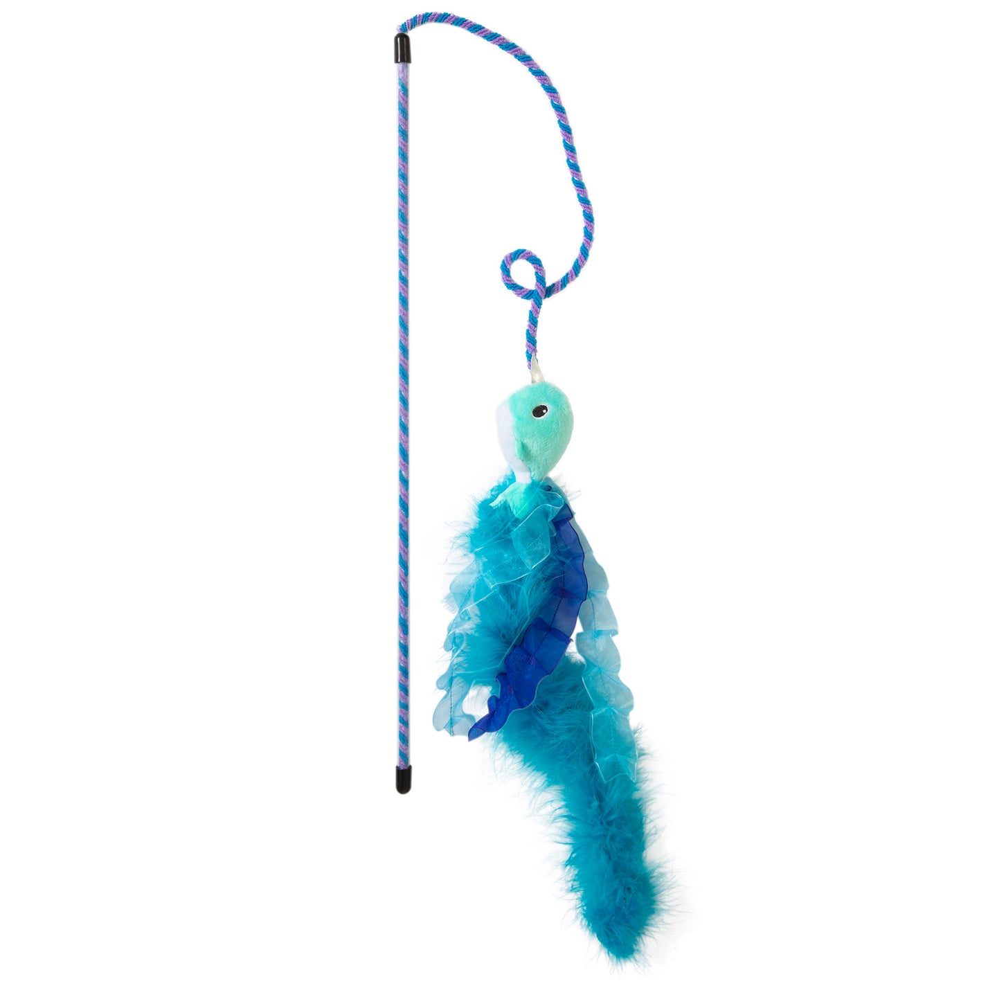 The Quirky Kitty Nifty Narwhal Wand by Quirky Kitty features a blue and turquoise catnip narwhal toy with a fluffy tail and patterned scales, attached to a long blue and purple stick by a string for interactive play.
