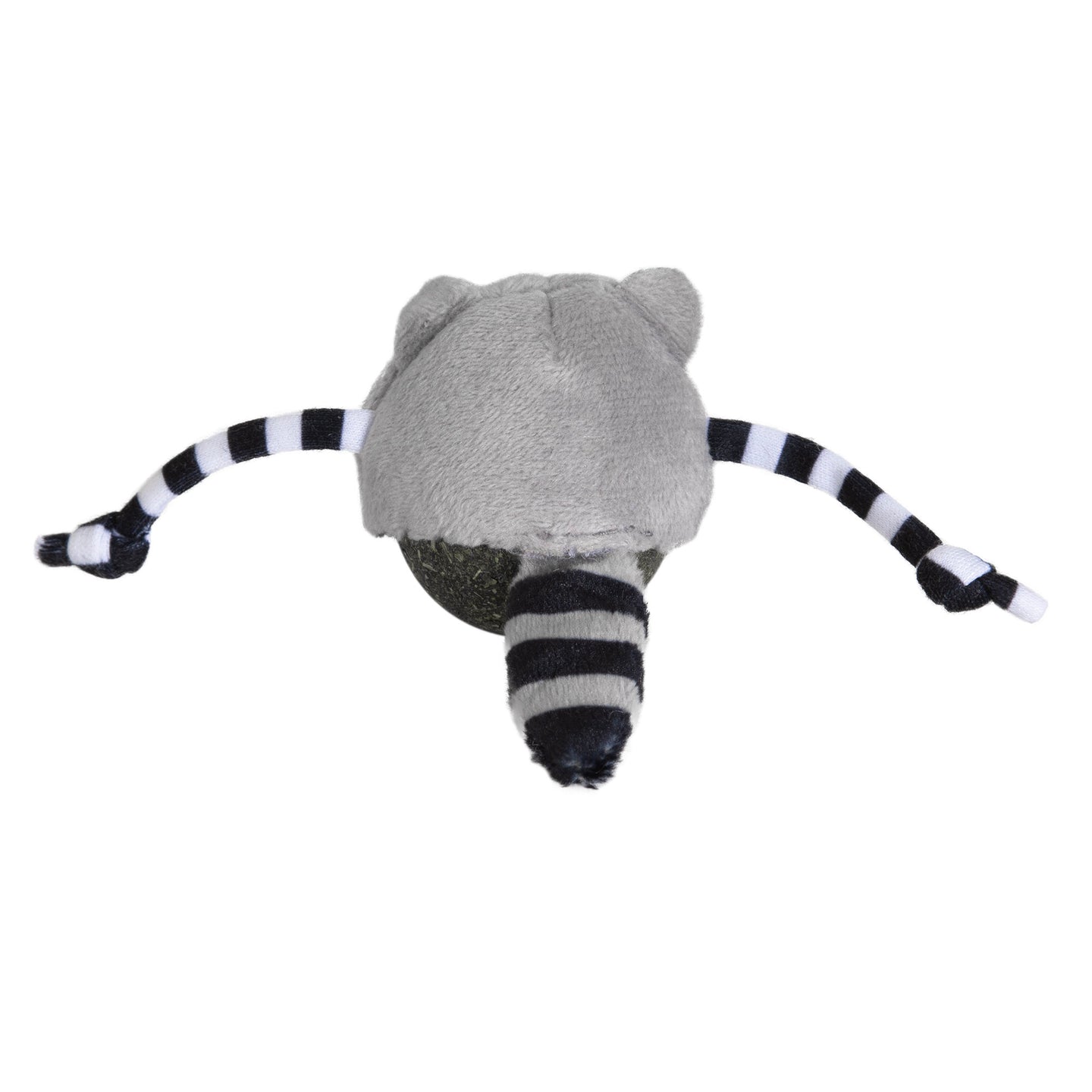 The Quirky Kitty Rolly Raccoon Catnip Bobbler, a plush toy by Quirky Kitty, looks like a gray raccoon with black-and-white striped limbs and tail. It has small ears and a soft texture, resting on a round base that wobbles charmingly to spark your cats hunting instincts.