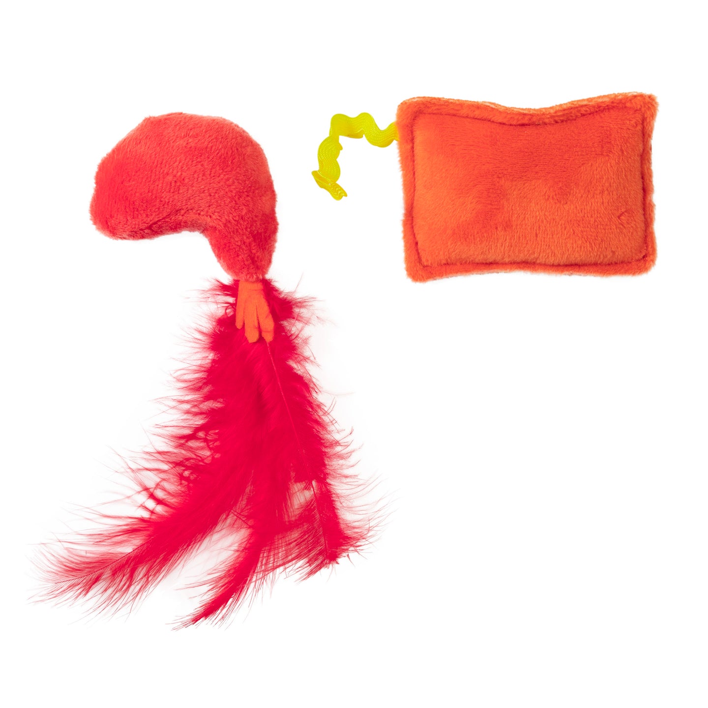 On a white background: a plush red chili pepper cat toy with a red feather tail, small orange paws, and North American catnip; alongside the Quirky Kitty Ramen Catnip Plush Cat Toy, an orange pillow with a yellow curly ribbon by Quirky Kitty.