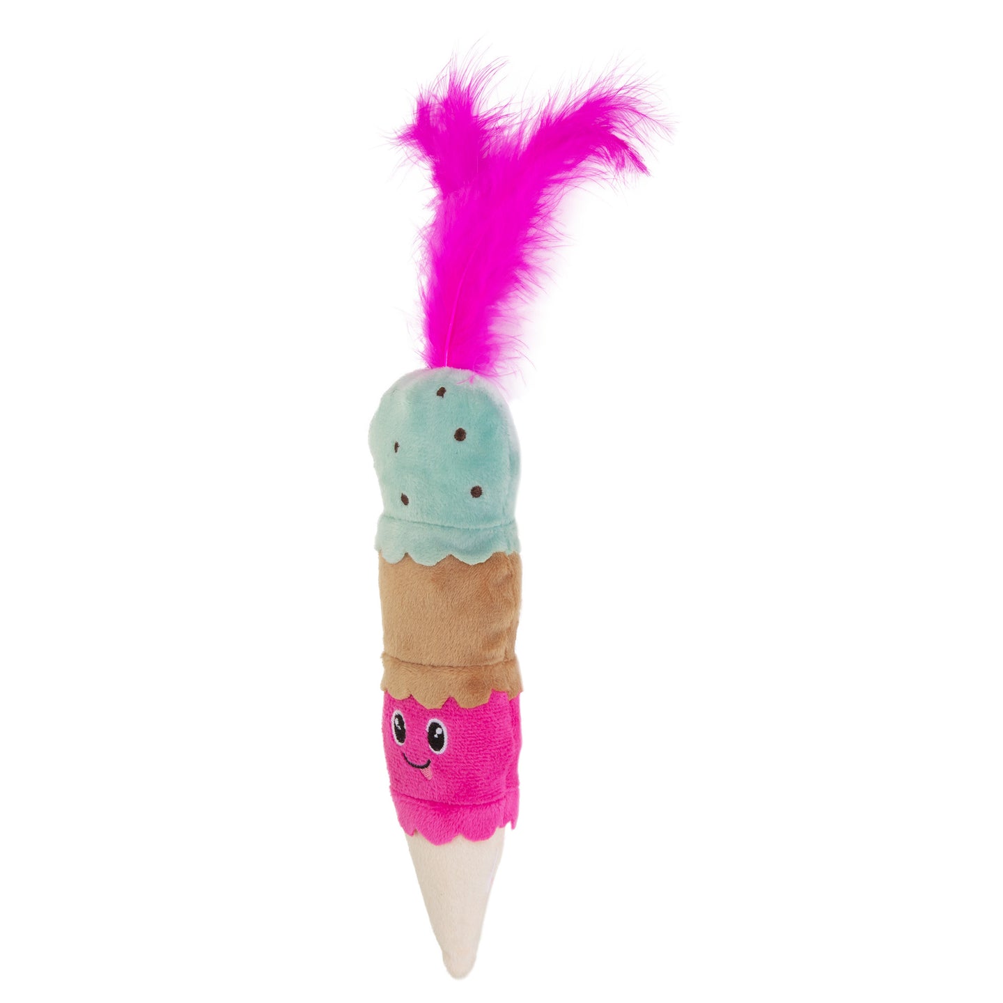 The Quirky Kitty Ice Cream Kicker Cat Toy by Quirky Kitty is a plush toy shaped like an ice cream cone with blue, brown, and pink scoops. The top scoop has black dots and pink feathers, infused with silvervine for playful felines. The pink scoop has a smiling face to delight every paw.