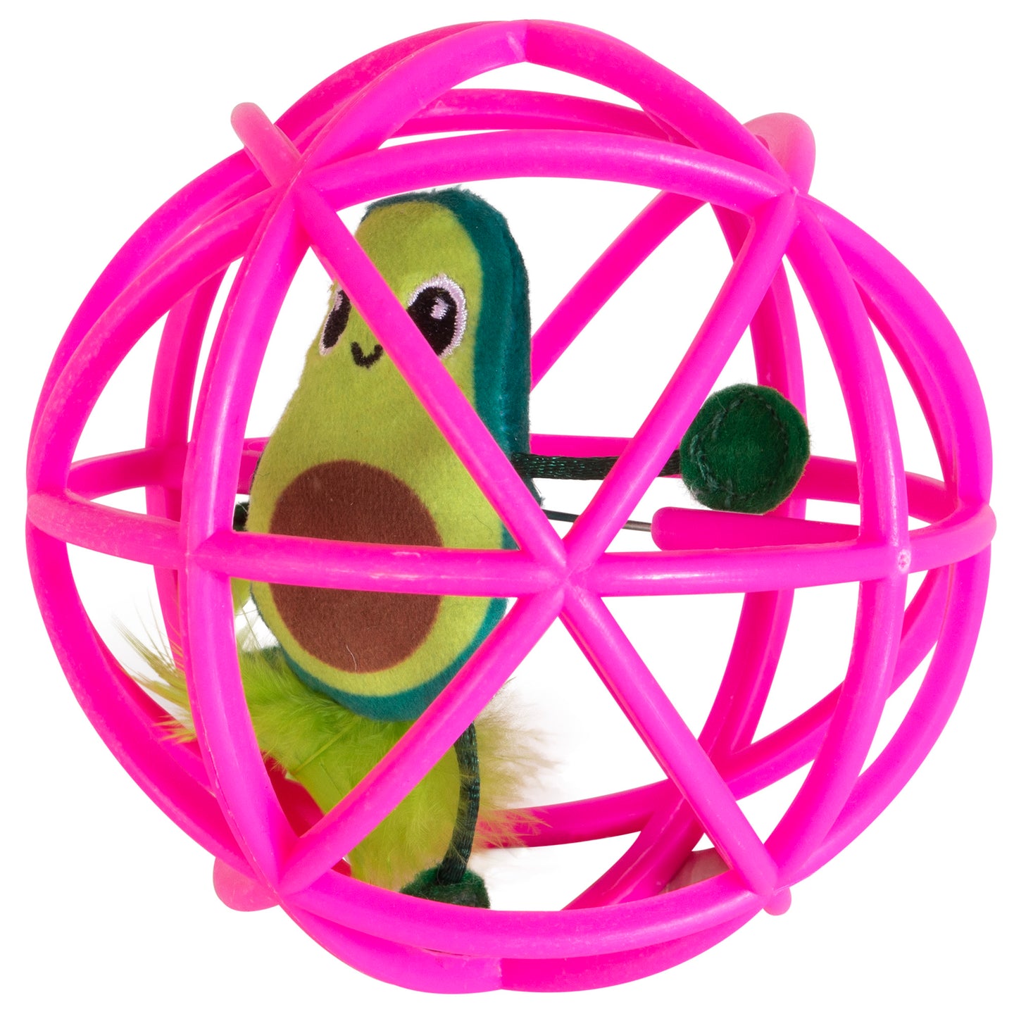 The Quirky Kitty Guacmeowy Ball of Fury features a pink spherical cage of interlocking plastic rings, where a plush avocado electronic cat toy with a smiling face, small green stem, and brown seed patch engages in interactive play to delight pets.