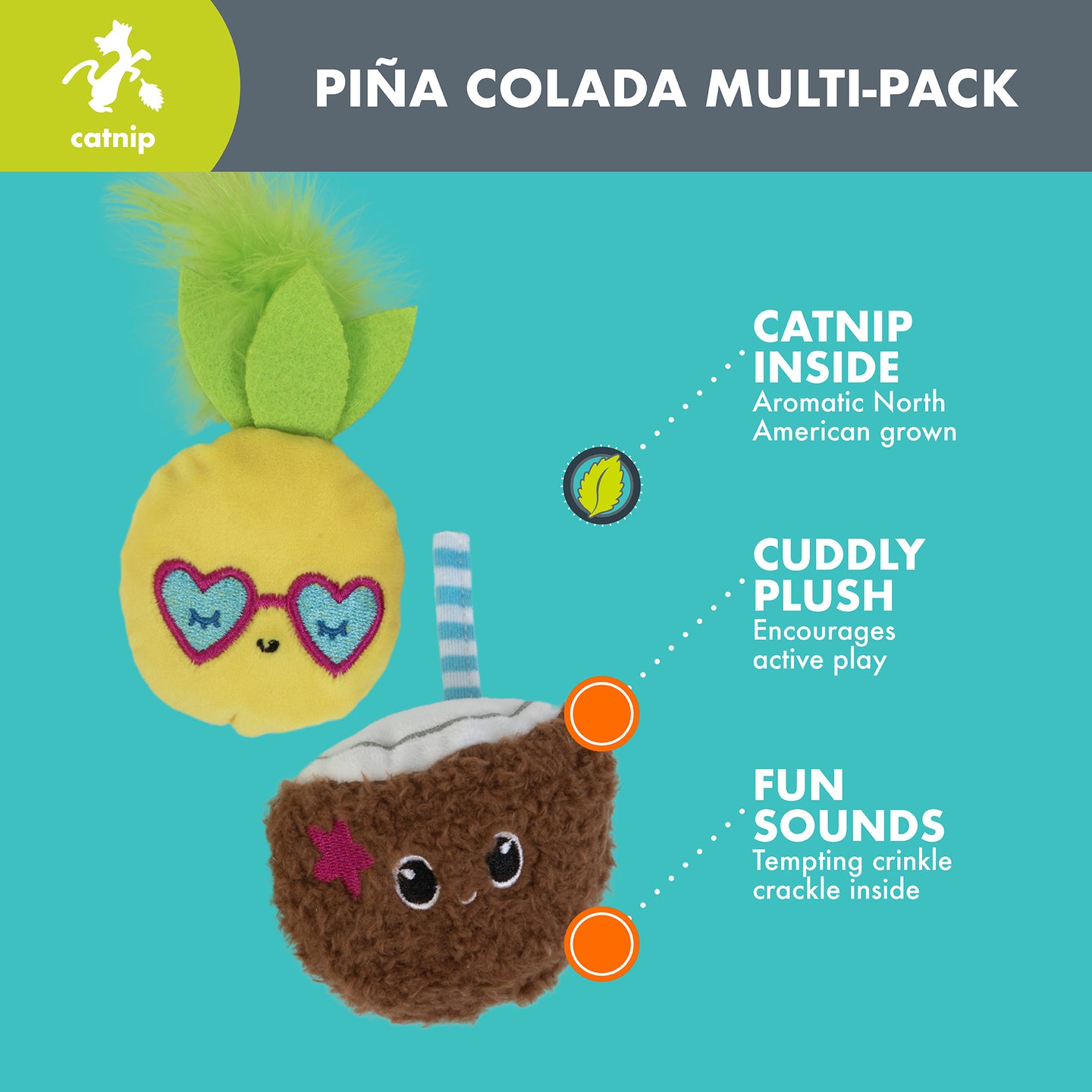 The Quirky Kitty Purrfect Pina Colada Catnip Plush Cat Toy features a yellow plush pineapple with heart eyes and green tuft, plus a brown coconut with big eyes. It contains catnip, Silvervine scent, crinkle paper for sound, promoting play. Top banner: Piña Colada Multi-Pack.