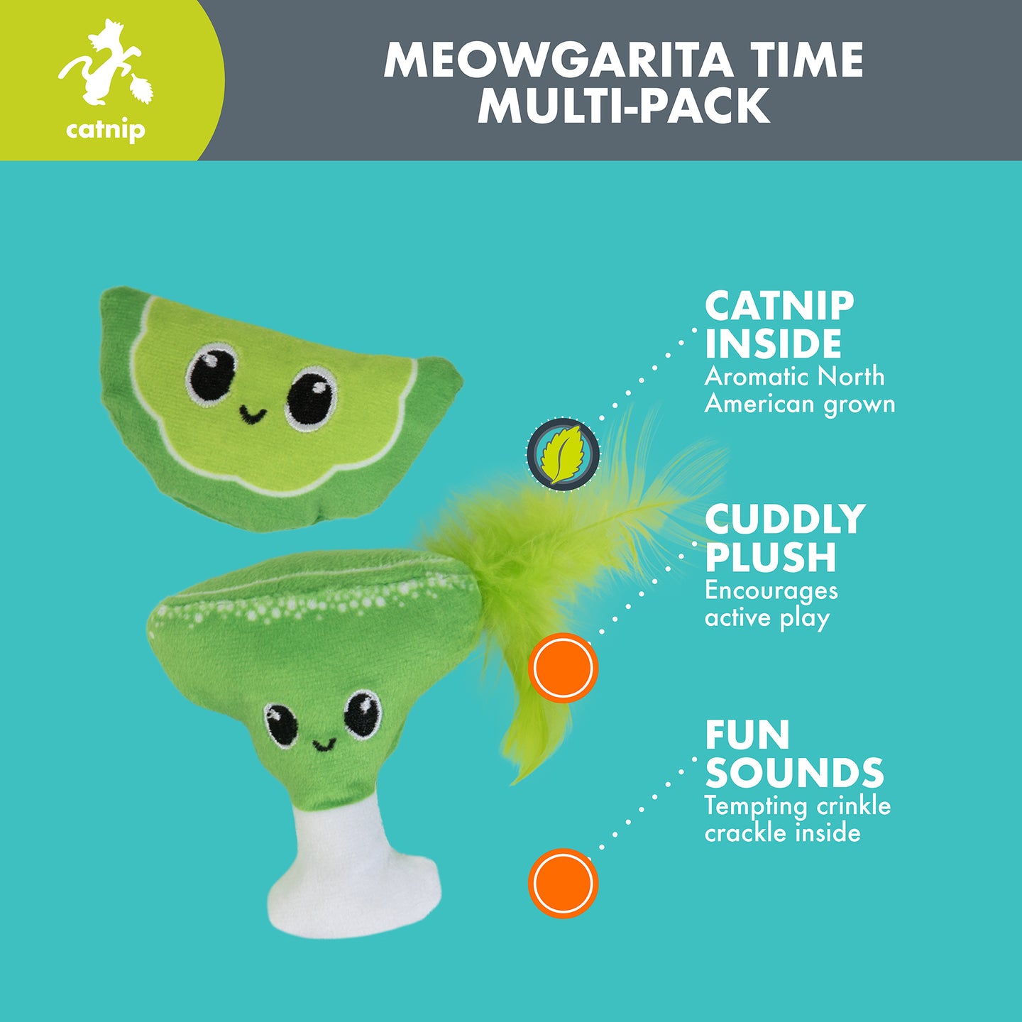 Explore Quirky Kittys purr-fect collection featuring the Meowgarita Time Catnip Plush Cat Toys: a lime slice and margarita glass with smiley faces. Enjoy cuddly plush, catnip inside, fun sounds, crinkle paper, and a margarita toy topped with a green feather.
