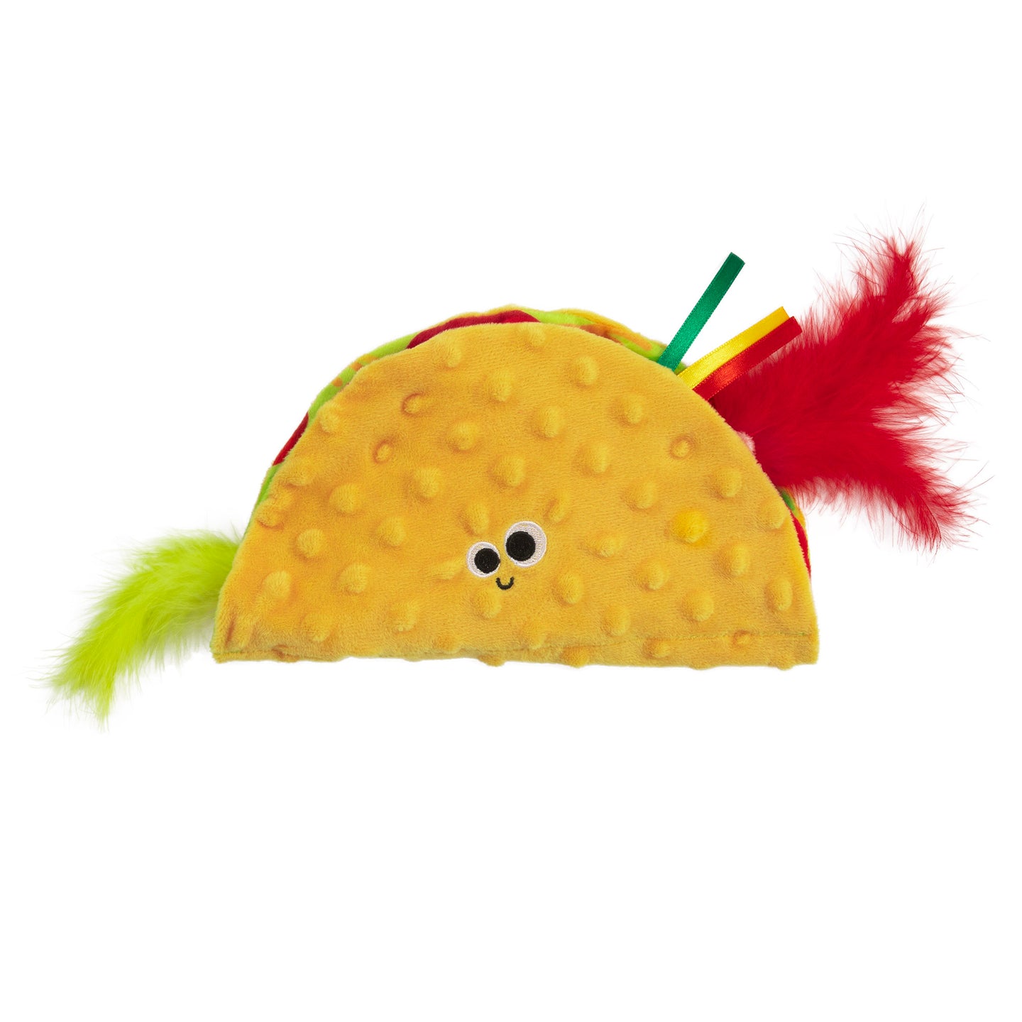 The Mad Cat Shrimp Taco Stuffer Play Mat is a plush toy designed like a taco with a yellow, textured shell. Featuring adorable cartoon eyes and a small smile, it has red and green feathers resembling lettuce and toppings. Infused with catnip, its ideal for playful feline adventures!.