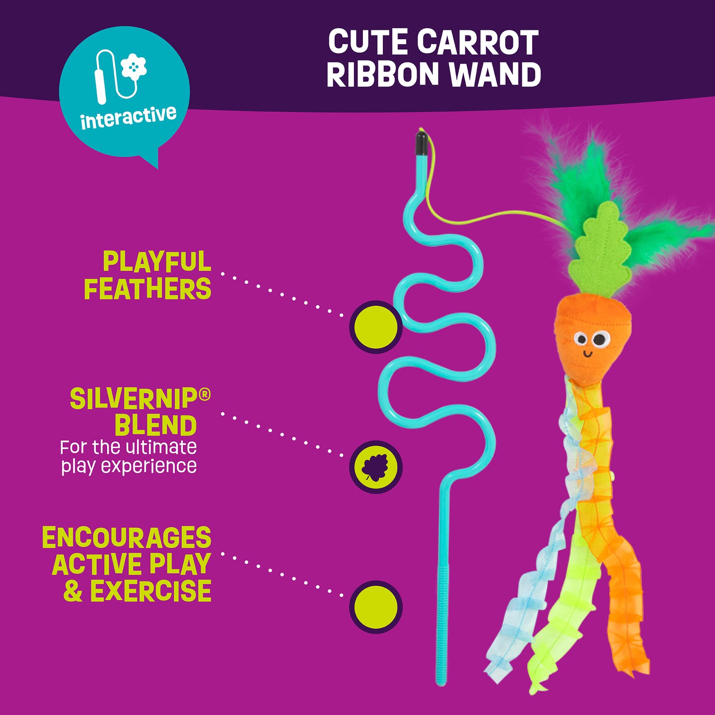 The Mad Cat Cute Carrot Ribbon Wand toy features a carrot adorned with colorful ribbons and feathers. Highlights include the SilverNip Blend for ultimate play and encourages active play and exercise, enhanced with enticing cat attractants for endless fun.