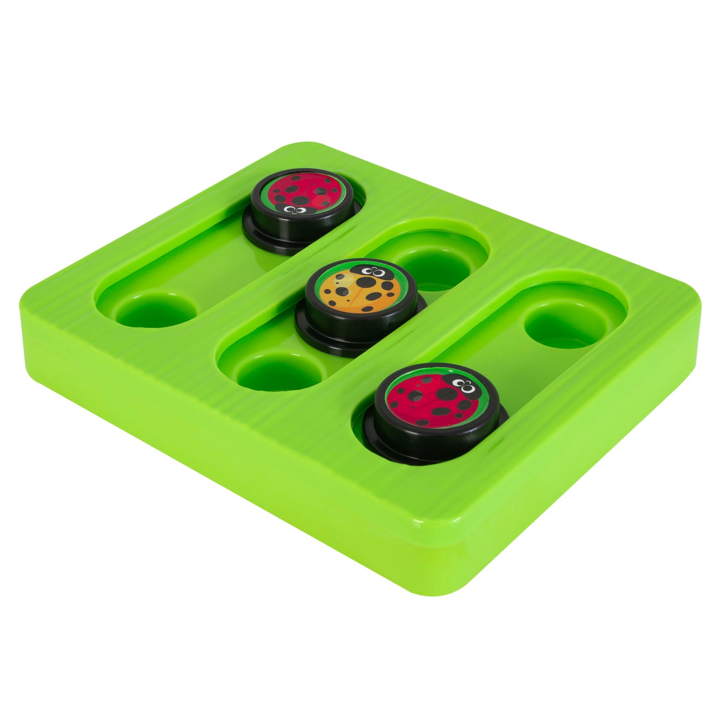 The Mad Cat Battin At Bugs Bento Box is a green plastic treat dispenser puzzle toy by Mad Cat. It features three ladybug-shaped pieces—two red with black spots and one yellow with black spots—designed for interactive play with holes to engage your cat in playful exploration.