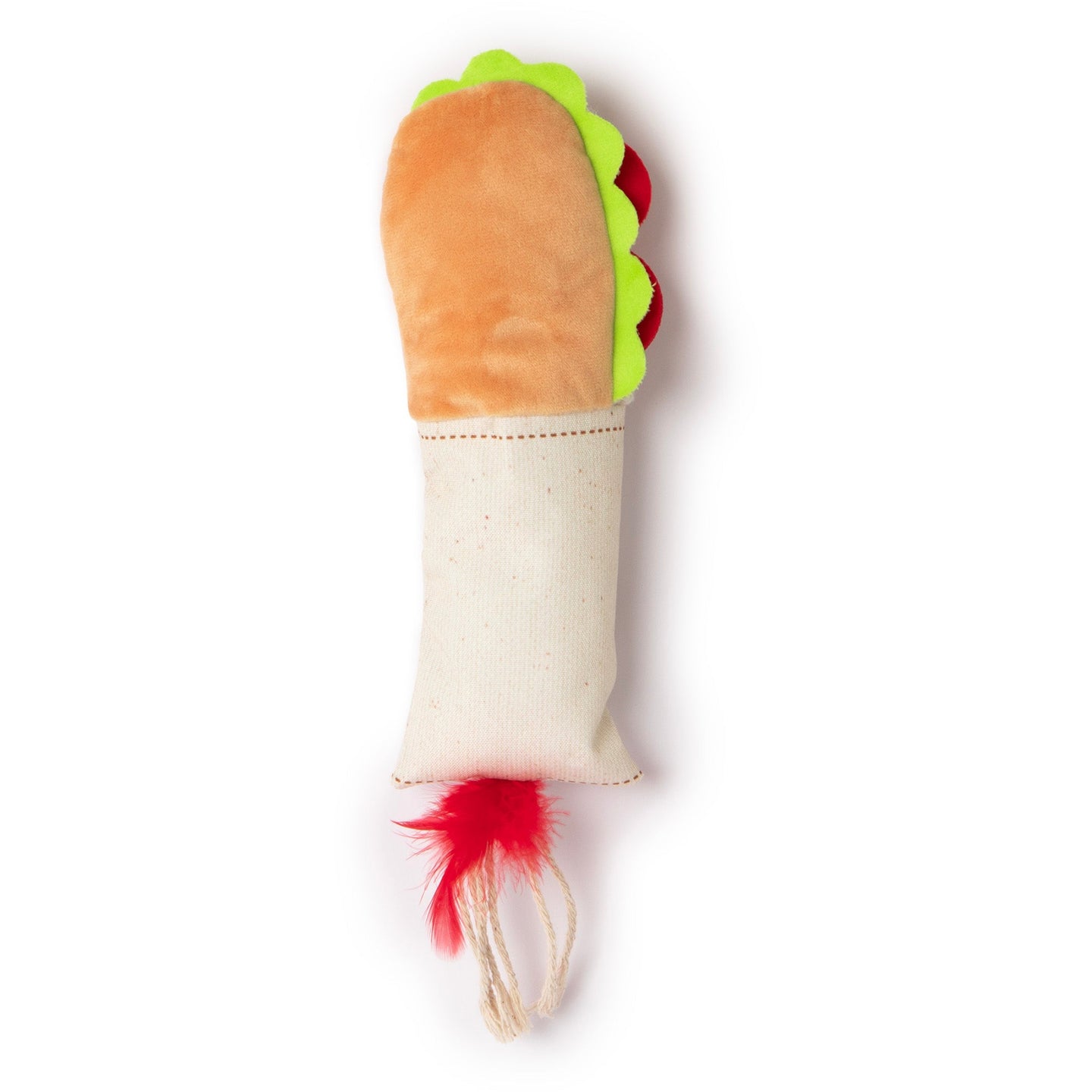 The Quirky Kitty Deli Delight Kicker by Quirky Kitty is a plush dog toy shaped like a taco, featuring brown, green, and red fabric with a beige base. Enhanced with natural feather accents and two string loops, it makes for an irresistible and playful cat toy.
