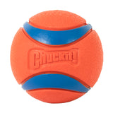 The Chuckit! Ultra Ball Dog Toy by Chuckit is orange and textured, featuring two blue curved stripes and the raised word Chuckit! on its surface, known for high bounce and exceptional durability.