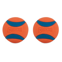 Side by side on a white background, the Chuckit! Ultra Ball Dog Toys—two durable orange and blue rubber balls embossed with Chuckit!—feature textured surfaces with curved blue bands that promise a high bounce.