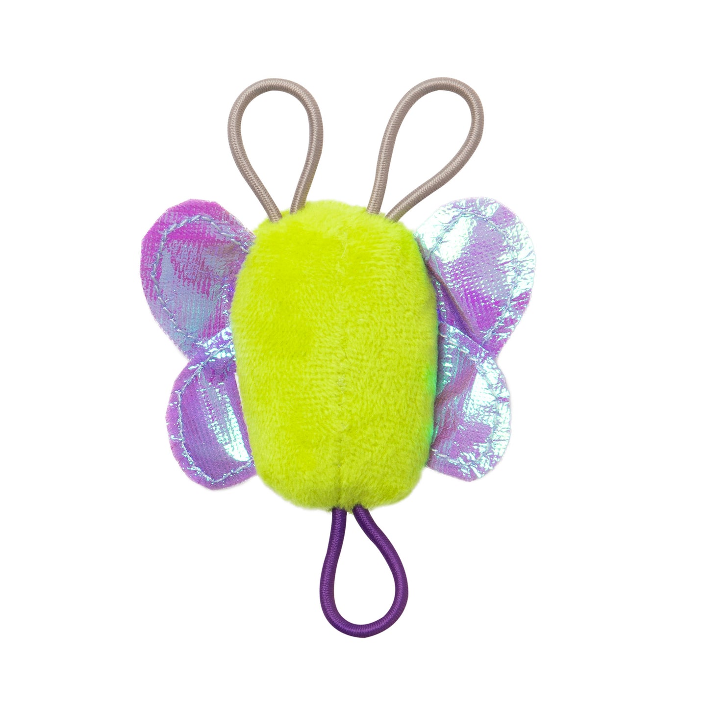 The Mad Cat Sling Shot Critter Butterfly Catnip Plush Toy from Mad Cat is a plush butterfly toy featuring a fuzzy, bright green body with catnip, shiny purple wings, and looped antennae and tail.
