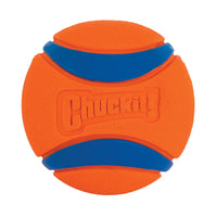 The Chuckit! Ultra Ball Dog Toy by Chuckit is an orange ball with embossed branding and two blue curved lines. Its high bounce and durability make it ideal for energetic playtime with your dog.