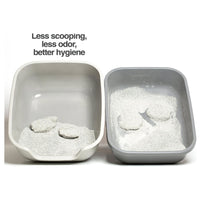 Two PetFusion Better Box Non Stick Cat Litter Boxes, filled with clumping litter, sit side by side. Text above reads: Less scooping, less odor, better hygiene. Clumps are visible in each Petfusion box for easy cleaning.