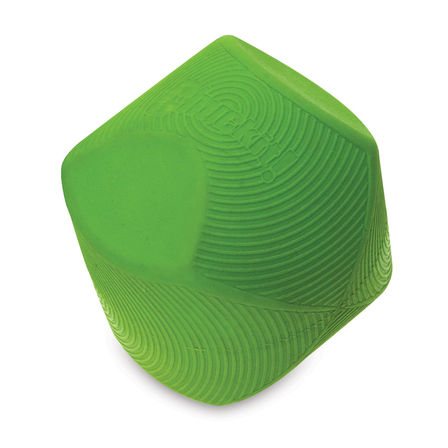The green Chuckit! Erratic Ball Dog Toy is uniquely cube-shaped with rounded edges, durable textured rubber, and circular ridges. An embossed Chuckit logo adorns one side.
