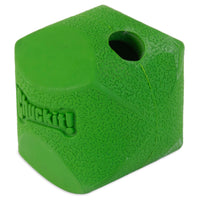 Green rubber dog toy from Chuckits Fetch Ball Medley Triple Pack features a textured surface with Chuckit! embossed on one side. Shaped like the Erratic Ball, it has a small hole on top for extra fun.
