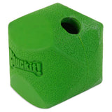 Green rubber dog toy from Chuckits Fetch Ball Medley Triple Pack features a textured surface with Chuckit! embossed on one side. Shaped like the Erratic Ball, it has a small hole on top for extra fun.