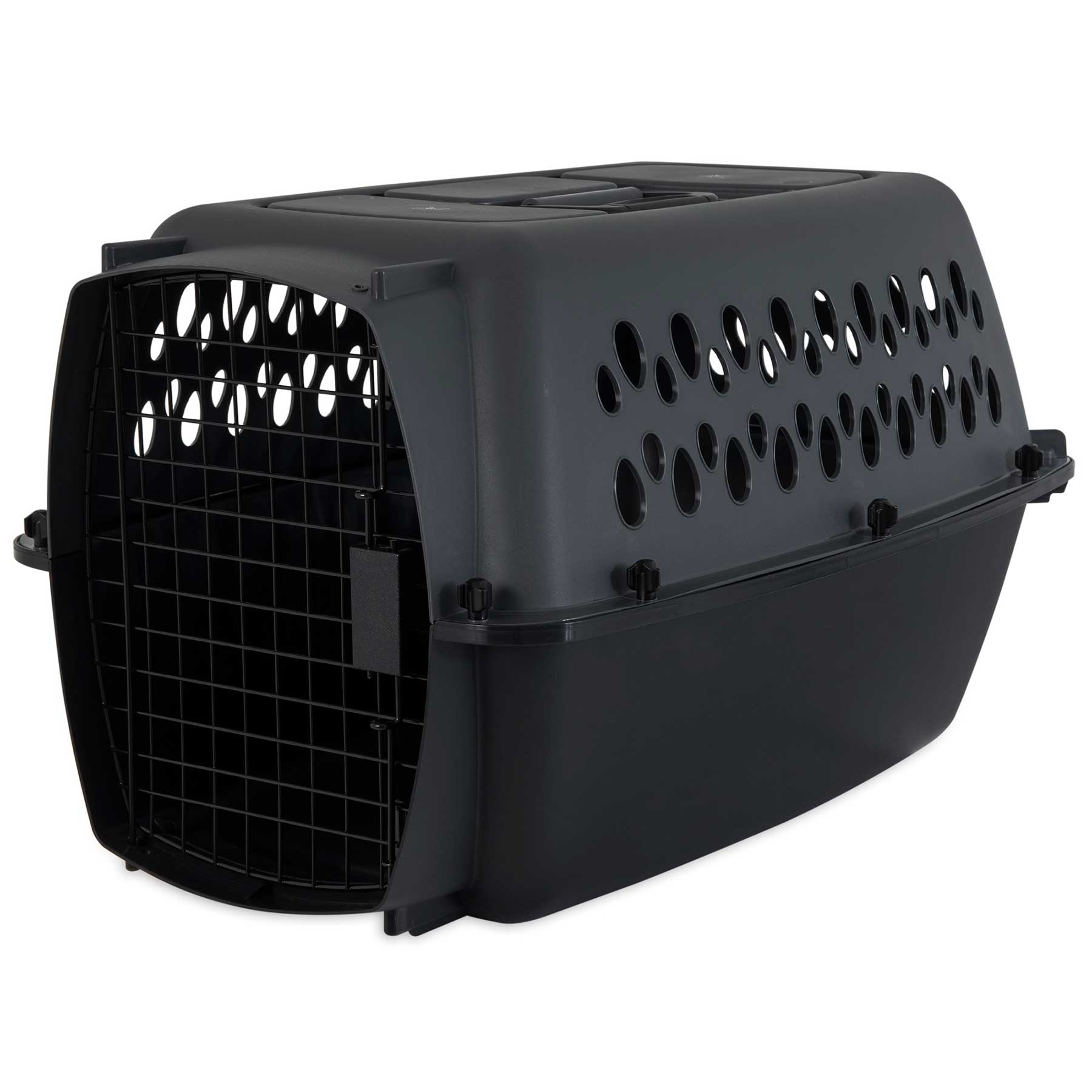 The Aspen Pet Petmate All Purpose Kennels – Pet Porter is a black plastic carrier with a metal wire door and side/top ventilation, designed for pet safety and meets most airline requirements for transporting small animals.