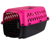 The Aspen Pet Petmate All Purpose Kennels- Pet Porter is a pink and black plastic carrier for small pets, featuring a metal grid door (open) and ventilation holes on the sides and top for safety during transport.