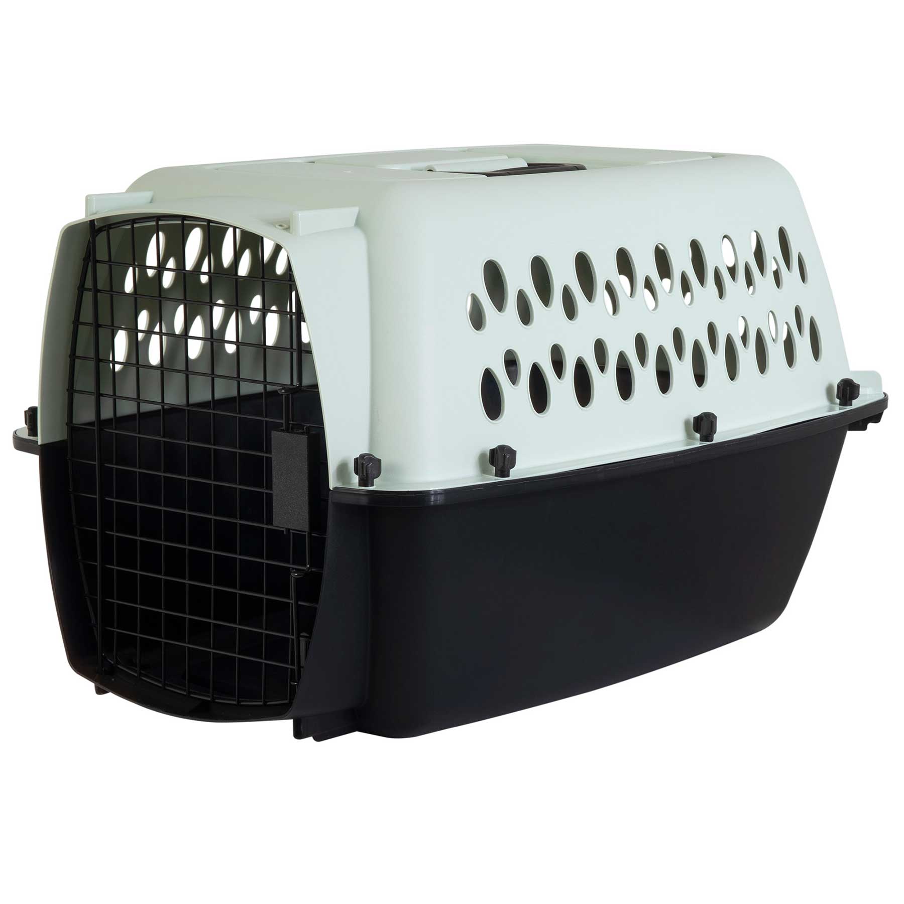 The Aspen Pet Petmate All Purpose Kennels- Pet Porter is a plastic pet carrier with a black base, white ventilated top, and metal grid door that meets many airline safety requirements. Shown open and empty.