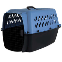 The Aspen Pet Petmate All Purpose Kennels- Pet Porter is a blue and black plastic carrier with ventilation holes and a metal front door, designed for pet safety and meeting many airline requirements for small animals.