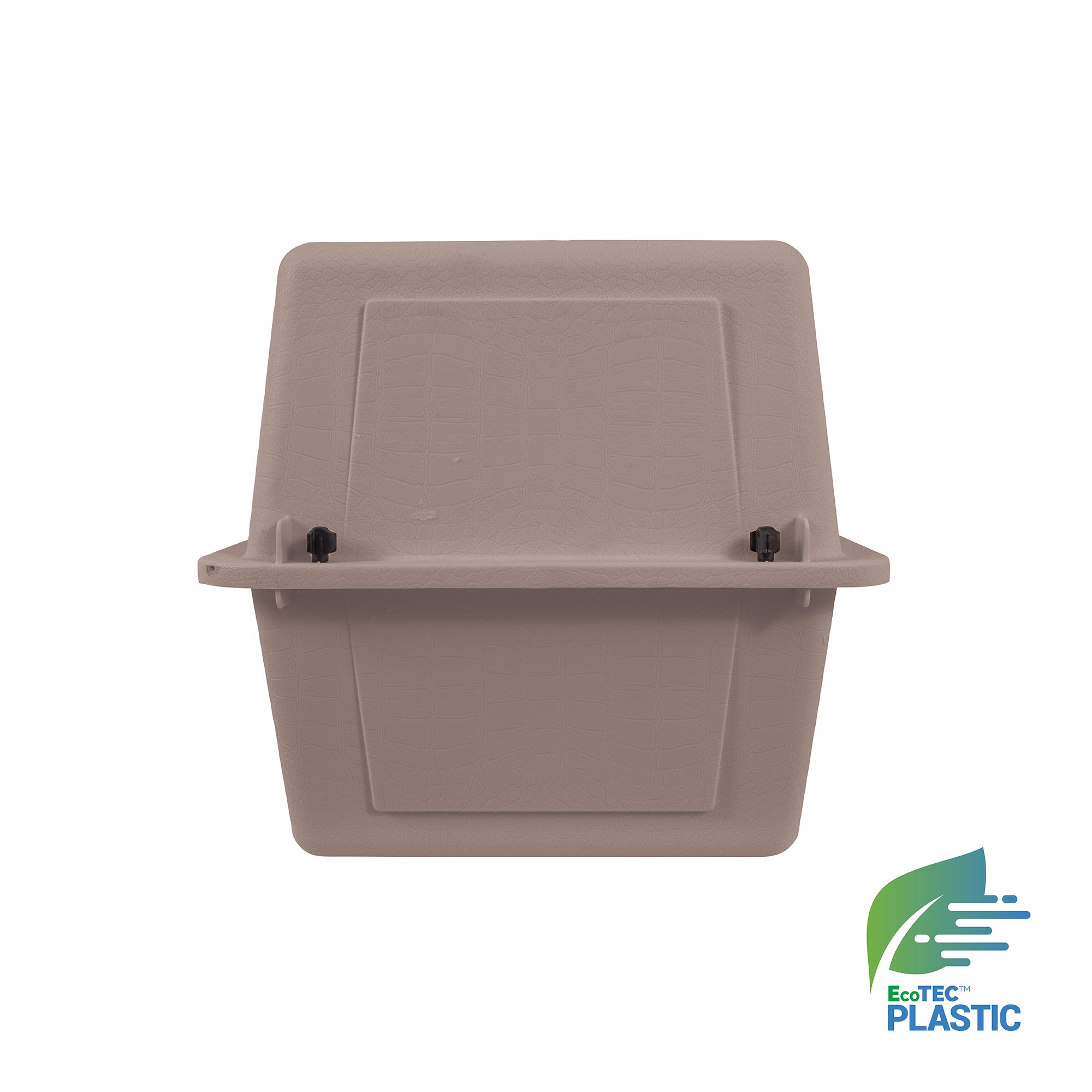 A tan plastic wall-mounted container with two black knobs on the front, viewed from the front. In the bottom right corner is the Petmate logo; this resembles a durable Petmate Traveler - Ultra Vari Kennel pet carrier.