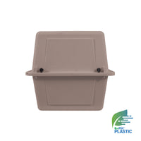 A tan plastic wall-mounted container with two black knobs on the front, viewed from the front. In the bottom right corner is the Petmate logo; this resembles a durable Petmate Traveler - Ultra Vari Kennel pet carrier.