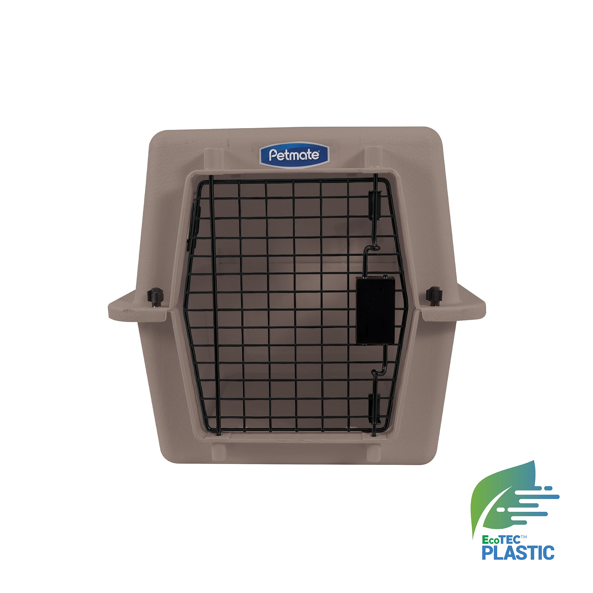 The Petmate Traveler - Ultra Vari Kennel, shown in beige with a black metal front door, features the EcoTEC plastic logo, highlighting it as an eco-friendly and durable carrier from Petmate.