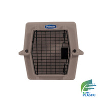The Petmate Traveler - Ultra Vari Kennel, shown in beige with a black metal front door, features the EcoTEC plastic logo, highlighting it as an eco-friendly and durable carrier from Petmate.