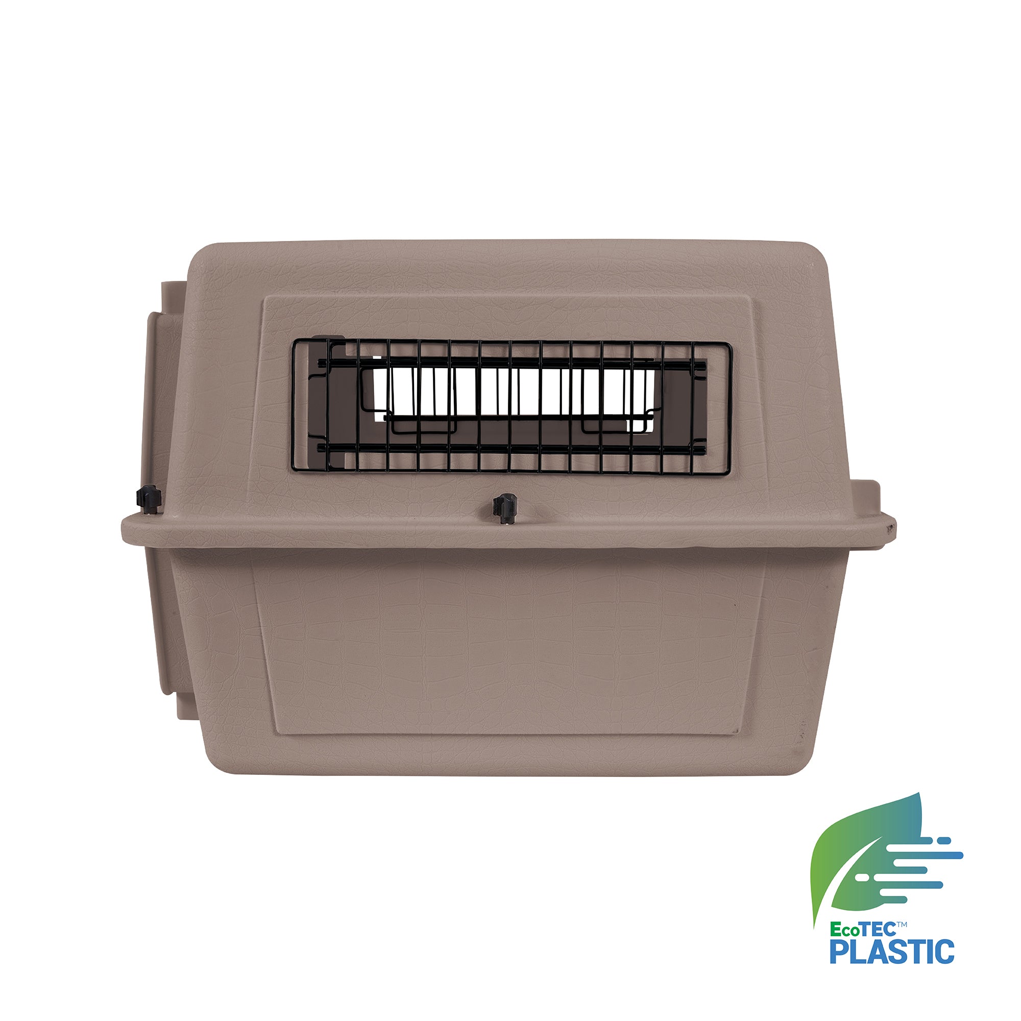 The Petmate Traveler - Ultra Vari Kennel by Petmate is a beige plastic pet carrier with a black metal front window, shown on a white background. The EcoTEC Plastic logo is in the bottom right, highlighting its sustainable, travel-ready design.