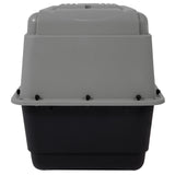 The Aspen Pet Petmate All Purpose Aspen Pet Porter is a gray and black plastic litter box with a detachable lid, secured by black clips, that also functions as a pet carrier for added comfort during air travel.